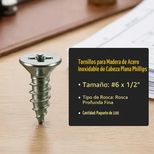 Vista 2 de BCP Fasteners 100 unidades de tornillos para madera Phillips de cabeza plana de 1/2" inoxidable #6 (BCP16)