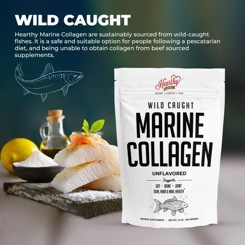 Vista 4 de HEARTHY FOODS Colágeno marino en polvo de 16 onzas, procedente de pescado capturado en la naturaleza, apto para pecatarianos, certificado Keto