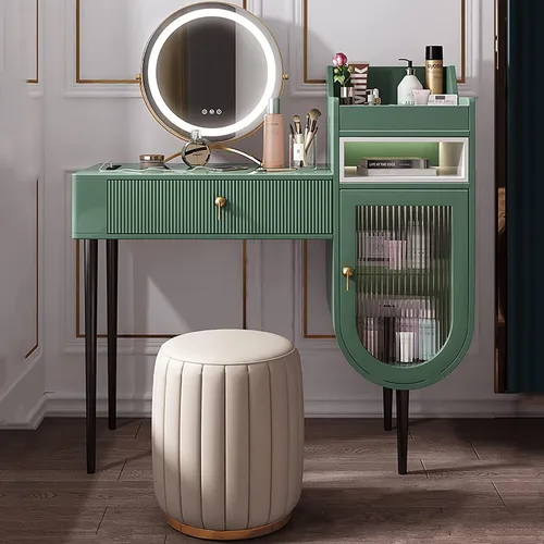 Vista 9 de Tocador con espejo de luces LED, brillo ajustable de luz de 3 colores, mesa de maquillaje con armario y cajón de almacenamiento, taburete acolchado