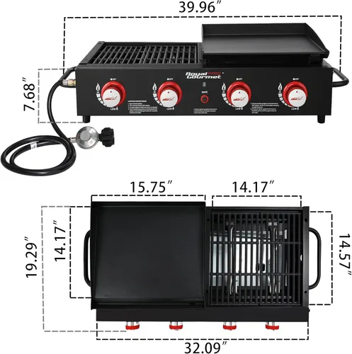 Vista 3 de Royal Gourmet GD4002T Combo de Parrilla y Plancha Tailgater de 4 Quemadores, Parrilla Portátil de Gas Propano de Superficie Plana con Salida