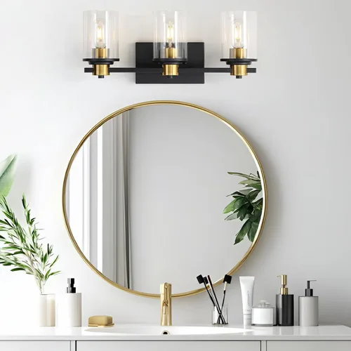 Vista 8 de LOUSACE Lámpara de baño negra y dorada, 3 luces de tocador de baño, moderna luz de baño sobre espejo con pantallas de vidrio transparente, enchufe