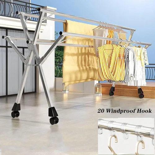 Vista 5 de Estante de secado retráctil de ropa para lavandería, con estantes, estante de secado de ropa plegable con ruedas, estante de secado de acero