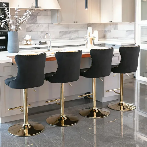 Vista 11 de Taburetes de bar giratorios de terciopelo con base dorada, juego de 4 sillas ajustables para isla de cocina Beige