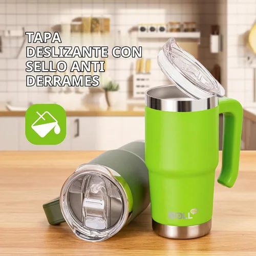 Vista 3 de Vaso de 16 onzas con asa, reutilizable, de acero inoxidable, aislado al vacío, con tapa y pajilla, para mujeres y niñas (verde manzana)