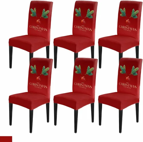 Vista 44 de Savannan - Juego de 4 fundas para sillas de árbol de Navidad, bolas de copos de nieve de color rojo invierno, fundas elásticas para sillas Parsons