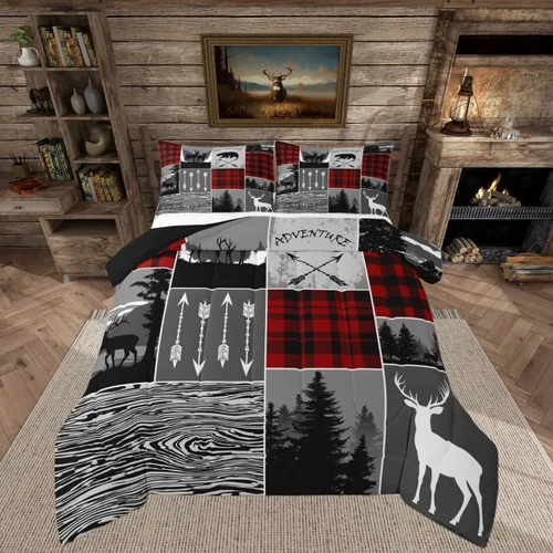 Vista 41 de Juego de edredón de cabaña rústica navideña, juego de ropa de cama estilo rústico con diseño de osos y ciervos, tamaño completo, patchwork Multi 08