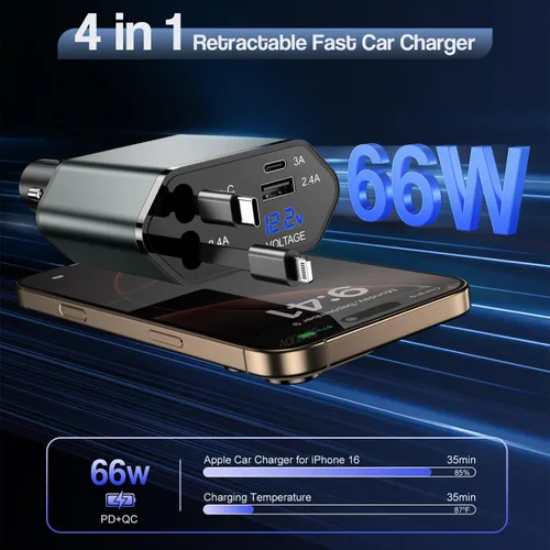 Vista 2 de Cargador de Coche Retráctil para iPhone, Cargador de Coche 4 en 1 de 66W de Carga Rápida con 2 Cables Retráctiles (PD y Lightning) y 2 Puertos