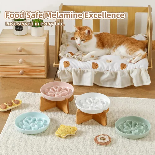 Vista 7 de PTOBER Cuenco elevado para gatos de alimentación lenta – Plato de melamina para gatos con soporte de bambú antideslizante – Tazón de alimentación