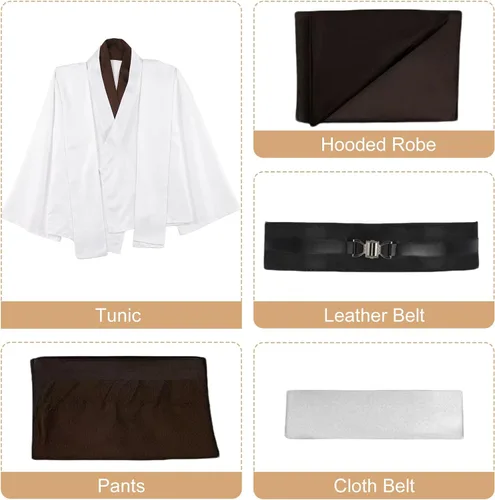 Vista 4 de Disfraz de túnica con capucha para hombre, uniforme completo, disfraz de Halloween, cosplay, capa para adultos Blanco