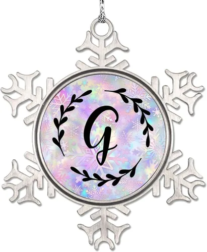 Vista 14 de Adorno de copo de nieve de letra A con inicial de copo de nieve, corona negra, adorno con monograma para decoración de árbol de Navidad, adornos