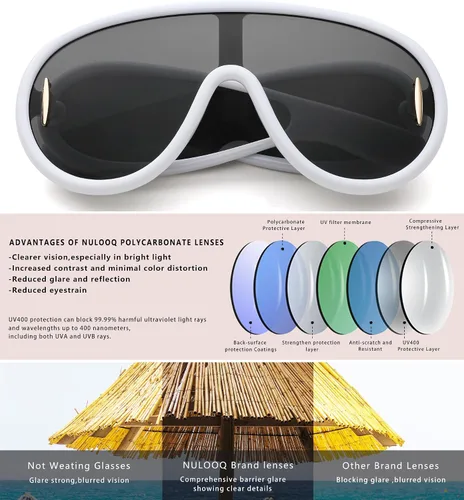 Vista 5 de NULOOQ Gafas de sol de moda con máscara ondulada para mujeres y hombres, de gran tamaño, color plateado, con escudo futurista, estilo de diseñador