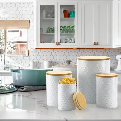 Vista 7 de Juego de recipientes de cocina blancos con tapas de bambú, azúcar hermético, harina, café, juegos de recipientes para almacenamiento de galletas