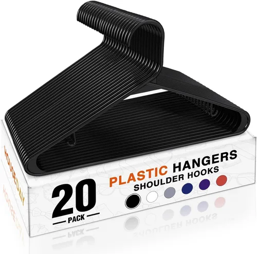 Vista 18 de HOUSE DAY Paquete de 10 perchas de plástico color negro, perchas de plástico con ganchos integrados, percha duradera y fuerte para armario, ahorro