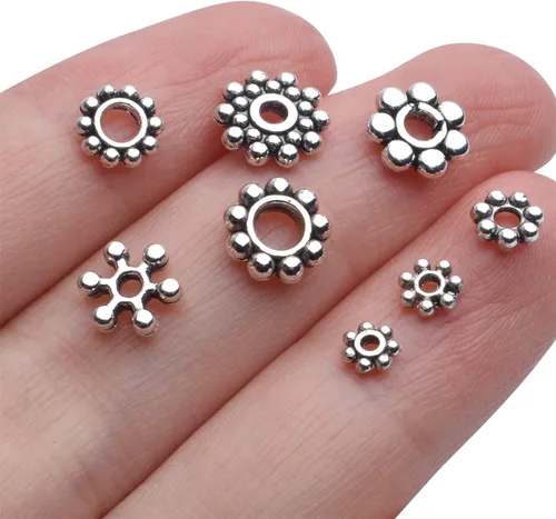Vista 7 de Aylifu 400 cuentas espaciadoras de copo de nieve de plata tibetana, cuentas espaciadoras de margaritas surtidas, espaciadores de metal para hacer