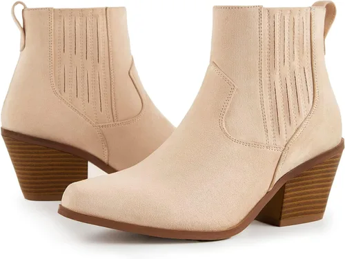 Vista 4 de TINSTREE Botines occidentales para mujer, puntera puntiaguda, tacón medio, estilo Chelsea con cremallera lateral, elástico