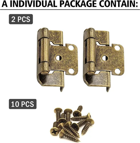 Vista 4 de Bisagras de latón antiguas para puerta de gabinete de cocina, paquete de 8 (4 pares) 1/2" Bisagra de superposición parcial de cierre automático