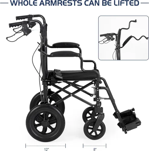 Vista 3 de Medwarm Silla de ruedas de transporte ultraligera para adultos y niños, pesa solo 22 libras, silla de ruedas plegable de viaje con frenos de mano