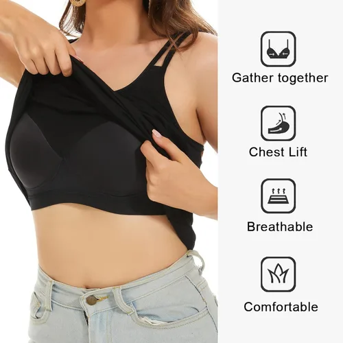 Vista 2 de Camiseta sin mangas plisada para mujer con copa de brasier incorporada, casual, fluida, con correa ajustable (S-4XL)