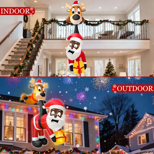 Vista 5 de Reno inflable de Navidad de 6 pies y Papá Noel trepador, divertida decoración colgante al aire libre con luz LED incorporada, decoración de patio