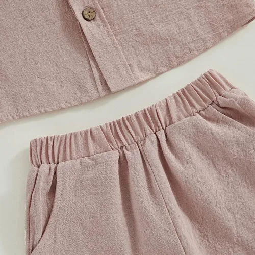 Vista 5 de FYBITBO Conjunto de camiseta de manga corta con botones de lino para bebé niño y niño pequeño