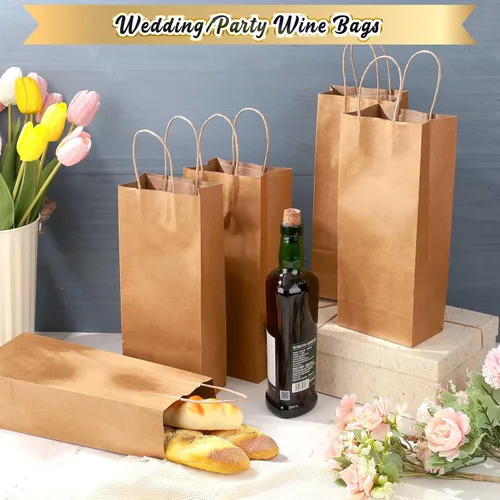 Vista 4 de Handepo 50 bolsas de papel kraft para vino con asas prácticas de 13 x 5.3 x 3.3 pulgadas, bolsas de compras para pequeñas empresas (marrón)
