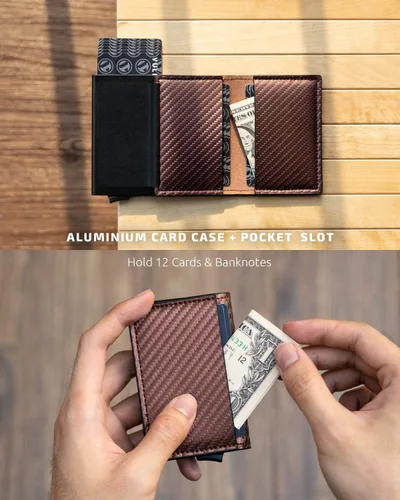 Vista 28 de VULKIT Tarjetero RFID Bloqueo de Cuero Automático Pop Up Cartera Aluminio Slim Pocket Tarjeta de Visita
