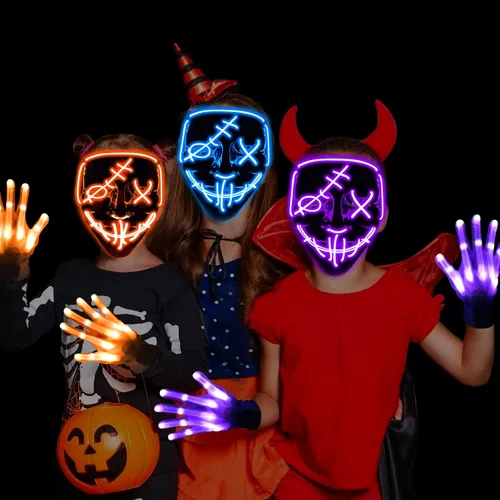 Vista 4 de Juego de 2 máscaras y guantes con luz LED de Halloween brilla en la oscuridad suministros de fiesta de disfraces para adultos