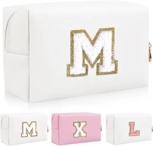 Vista 20 de Bolsa de maquillaje con parche de letra inicial personalizada, bolsa de cosméticos de chenilla preppy con letra de chenilla con cremallera, Y