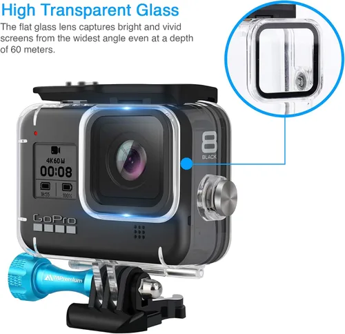 Vista 8 de MiPremium Carcasa impermeable para GoPro Hero 8, color negro. Accesorios de montaje de jaula de buceo con tornillo de aluminio y hebilla