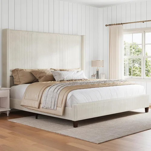 Vista 11 de HOWE - Base de cama tapizada tamaño Queen con cabecera de ala de 61 pulgadas de alto, color negro