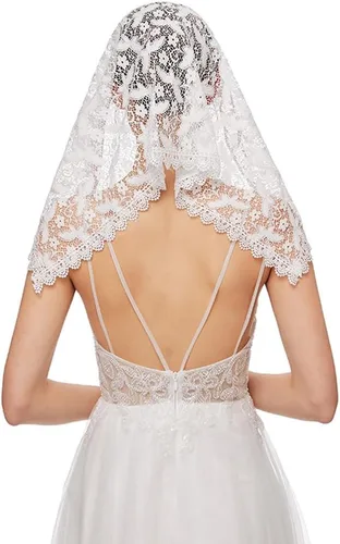 Vista 5 de Velo de mantilla de encaje, bufanda de encaje floral vintage, triángulo blanco, velo de boda, velo capilla, velos de marfil, iglesia católica
