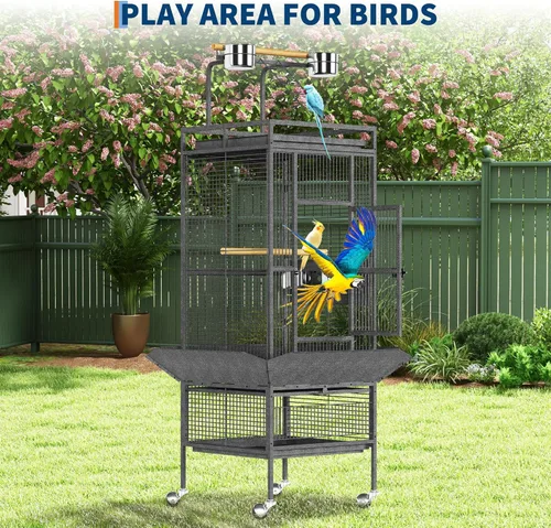 Vista 7 de Jaula para pájaros de 61 pulgadas con parte superior de juego, jaula para pájaros extra grande con perchas de madera, alimentador para periquitos
