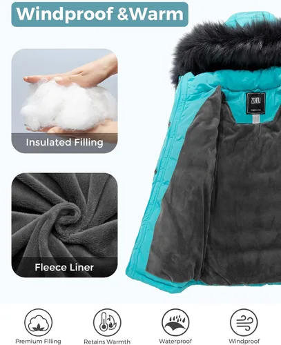 Vista 3 de ZSHOW Chaqueta acolchada para niña, abrigo de invierno cálido con forro polar suave y capucha de piel extraíble