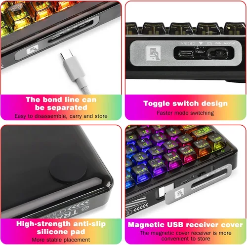 Vista 6 de CHICHEN 60% Portable Mechanical Gaming Keyboard,Hot-swappable RGB Backlit Compact 68 Clear Keycaps,2.4Ghz WirelessBluetoothUSB-C,Transparent Gasket