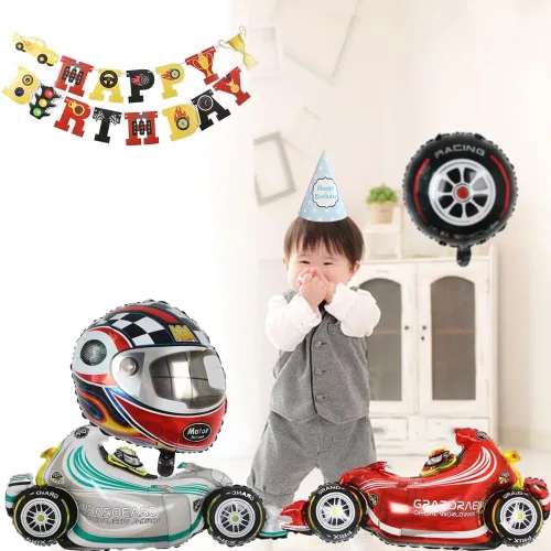 Vista 6 de Suministros para fiestas de carreras, decoraciones de fiesta de cumpleaños para niños, contiene una pancarta de carreras, 6 globos de aluminio, 4