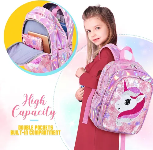 Vista 3 de Mochila de unicornio Mochila escolar holográfica de lentejuelas de unicornio para niños y niñas bolsas de libros preescolar jardín de infantes