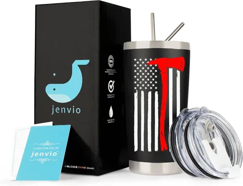 Vista 2 de Regalos de bomberos para hombres, vaso de viaje de acero inoxidable con tapa para taza de café, diseño de bandera de línea roja fina para bombero