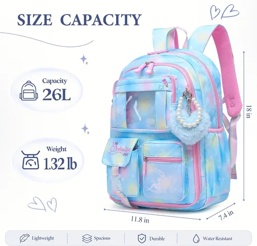 Vista 6 de Alrisg Mochila escolar para niñas, para escuela primaria, linda mochila para niñas, color azul