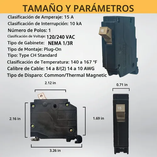 Vista 2 de Interruptor de circuito de 15 Amp, 1 polo, tipo de enchufe de 3/4 de pulgada, disyuntor de caja moldeada compatible con centros de carga OEM, 10KA