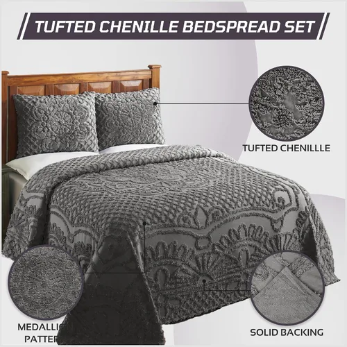 Vista 3 de Better Trends - Colchas de chenilla tamaño individual, gris carbón 100% algodón chenilla con diseño de medallón acolchado, cubierta de cama suave