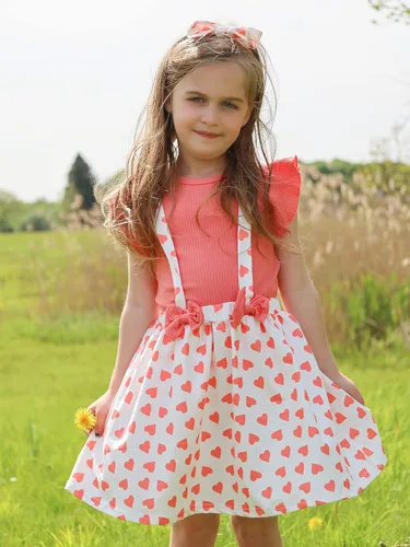 Vista 2 de AMAWMW Ropa de verano para niña pequeña, camiseta de manga con volantes, tirantes de girasol, falda, diadema, traje de verano