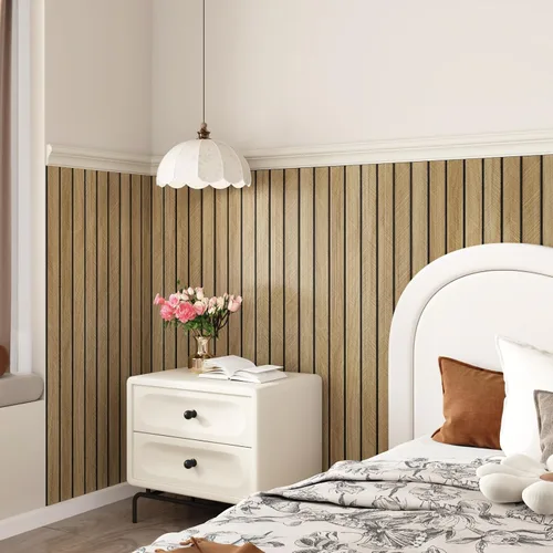 Vista 3 de Paneles de Madera Marrón 3D para Paredes 120" x 12" Paneles de Pared de Listones Acústicos Despegar y Pegar Paneles de Madera Autoadhesivos