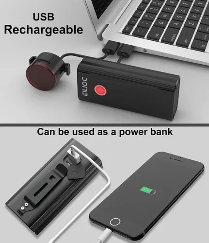 Vista 4 de Luces de bicicleta para conducción nocturna, luz de bicicleta de 6400 mAh delantera y trasera recargable por USB, juego de luces traseras y faros