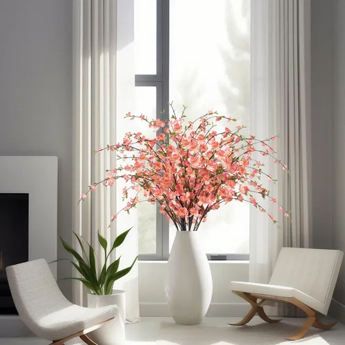 Vista 4 de [Usado] Ammyoo 4 piezas de flores artificiales de cerezo para decoración de primavera en interiores, ramas de melocotón de tallo largo sintético