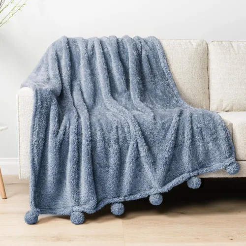 Vista 19 de PAVILIA Manta de sherpa negra para sofá, cálida manta de felpa con pompones, manta mullida para sofá, ligera, suave y acogedora con pompones, 50 x