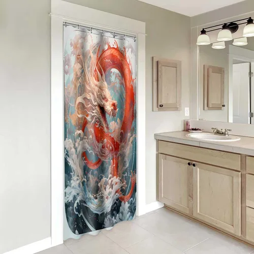 Vista 5 de YLOKPA0717 - Cortina de ducha de dragón japonés con ganchos, enorme ola de mar, cortina de baño de dragón rojo, 36 x 72 pulgadas, decoración de baño