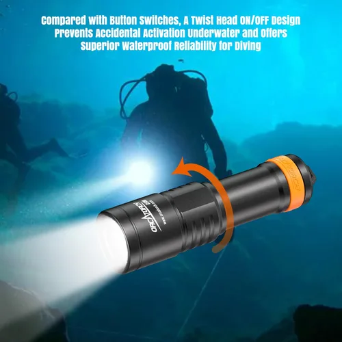 Vista 3 de ORCATORCH Luz de buceo D580, linterna subacuática máxima de 530 lúmenes con haz estrecho de 6 grados, interruptor giratorio impermeable IP68