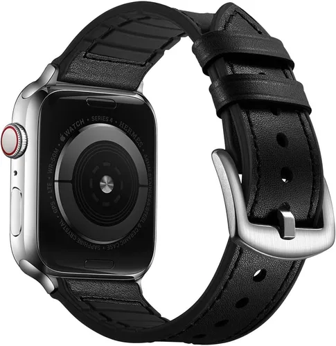 Vista 8 de OUHENG Correas de cuero compatibles con Apple Watch de 42mm 41mm 40mm 38mm, correa híbrida de cuero genuino y goma para iWatch Series 11 10 9 8 7 6