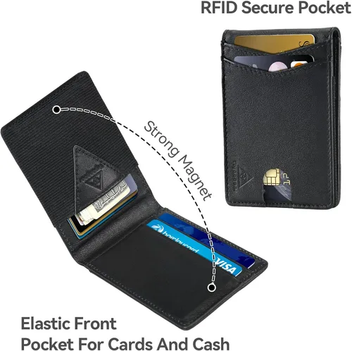 Vista 8 de Tryangoos Cartera delgada minimalista de cuero genuino con bloqueo RFID para hombres, bolsillo frontal con cierre magnético, bolsillo frontal