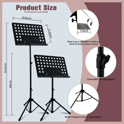 Vista 2 de EASTROCK Soporte de partituras de metal, soporte de música de alta estabilidad y altura ajustable para partituras con bolsa de transporte, soporte